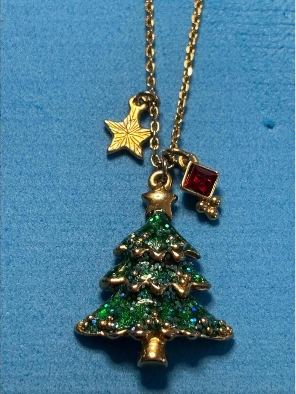 Christmas Tree Charm Necklace with Star and Red Gemstone
